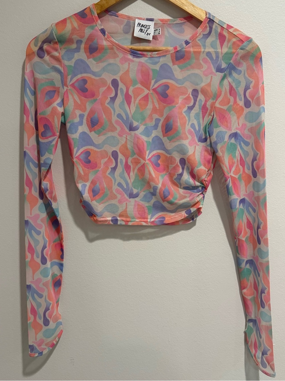 Princess Polly Mesh Ruched Crop Top Pink Pastel Y2K 60s 70s Groovy Blue Size 4
